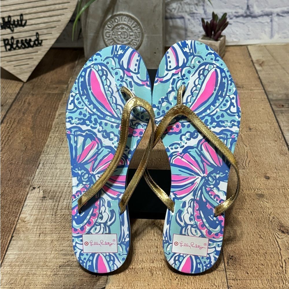 Lilly Pulitzer For Target Blue My Fan Floral Flip Flops Gold Strap Women's Sz 9